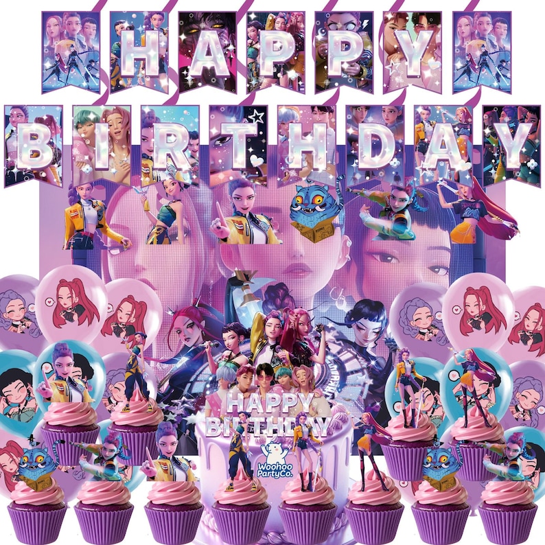 Kpop Demon Hunters Birthday 6piece Party Set With Banner, Cake
