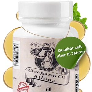 Puede incluir: Una botella blanca de c&aacute;psulas de aceite de or&eacute;gano Athina. La etiqueta presenta una ilustraci&oacute;n de una mujer y texto en alem&aacute;n. Una pegatina verde indica "Qualit&auml;t seit &uuml;ber 15 Jahren". La botella contiene 60 c&aacute;psulas.