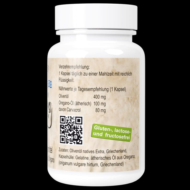 Puede incluir: Botella de suplemento blanca con tapa negra. La etiqueta incluye texto en alem&aacute;n, informaci&oacute;n nutricional y un c&oacute;digo QR. La etiqueta tambi&eacute;n indica que el producto no contiene gluten, lactosa ni fructosa.