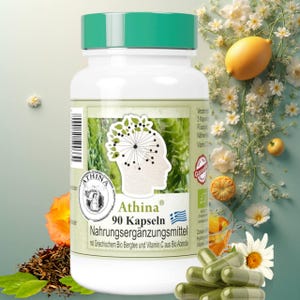 Könnte beinhalten: Eine weiße Flasche Athina 90 Kapseln Nahrungsergänzungsmittel mit grünem Deckel. Das Etikett zeigt ein Logo mit einer Frauensilhouette und der griechischen Flagge. Der Hintergrund umfasst Blumen, Zitronen und Kapseln.