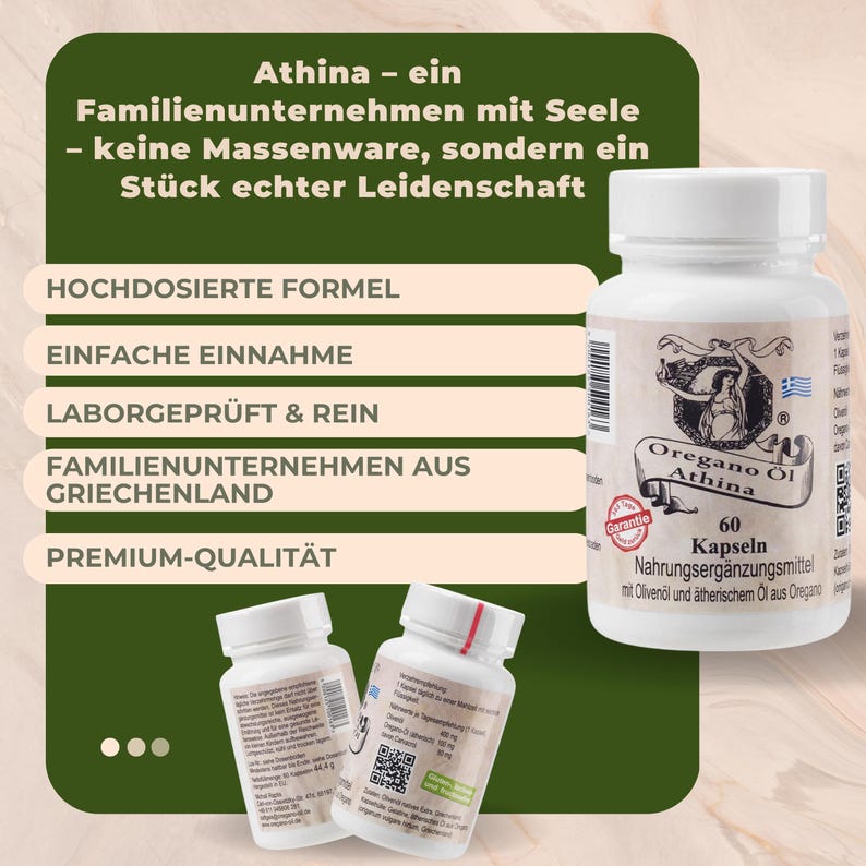 Puede incluir: Una imagen de producto presenta tres botellas blancas de suplementos sobre un fondo verde. La botella m&aacute;s grande muestra "Oregano &Ouml;l Athina" y "60 Kapseln". El texto a la izquierda destaca las caracter&iacute;sticas del producto. La imagen promociona un suplemento para la salud.