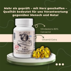 Puede incluir: Una botella blanca de c&aacute;psulas "Oregano &Ouml;l Athina" con una etiqueta que presenta una ilustraci&oacute;n de una diosa griega. La botella est&aacute; acompa&ntilde;ada de un mont&oacute;n de c&aacute;psulas amarillas. La etiqueta indica 60 c&aacute;psulas y la presencia de aceite de oliva.