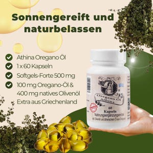 Puede incluir: Una botella blanca de c&aacute;psulas de aceite de or&eacute;gano Athina con una etiqueta que presenta una ilustraci&oacute;n de una diosa griega. La imagen incluye texto en alem&aacute;n y una pila de c&aacute;psulas blandas amarillas. El fondo tiene follaje verde.