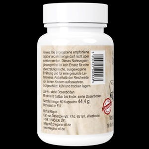 Puede incluir: Una botella de pl&aacute;stico blanco de c&aacute;psulas de aceite de or&eacute;gano. La etiqueta incluye texto en alem&aacute;n, con detalles sobre el uso y almacenamiento del producto. La botella contiene 60 c&aacute;psulas, con un peso neto de 44,4 g.