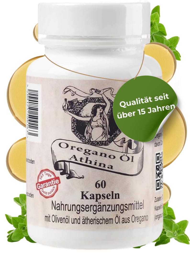 Puede incluir: Una botella blanca de c&aacute;psulas de aceite de or&eacute;gano Athina. La etiqueta presenta una ilustraci&oacute;n de una mujer y texto en alem&aacute;n. Una pegatina verde indica "Qualit&auml;t seit &uuml;ber 15 Jahren". La botella contiene 60 c&aacute;psulas.