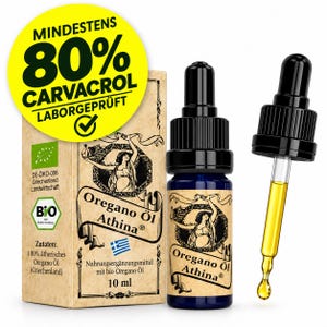 Könnte beinhalten: Eine 10 ml Flasche Oregano Öl Athina mit schwarzem Tropfverschluss, passender Pappschachtel und einer separaten Glaspipette mit goldenem Öl. Die Verpackung zeigt eine Vintage-Illustration und den Text 80% CARVACROL.