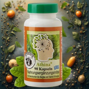 May include: A white bottle with a green lid, labelled "Athina" and "90 Kapseln." The label features a head graphic with a brain design. The bottle is surrounded by leaves, small pumpkins, and oranges.