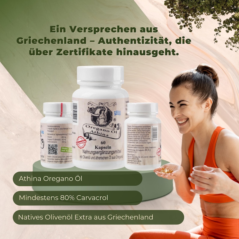 Puede incluir: Se muestran tres frascos blancos de suplementos con el texto "Oregano &Ouml;l Athina" y "60 Kapseln". La imagen tambi&eacute;n incluye el texto "Athina Oregano &Ouml;l", "Mindestens 80% Carvacrol" y "Natives Oliven&ouml;l Extra aus Griechenland". Una mujer sonr&iacute;e en el fondo.
