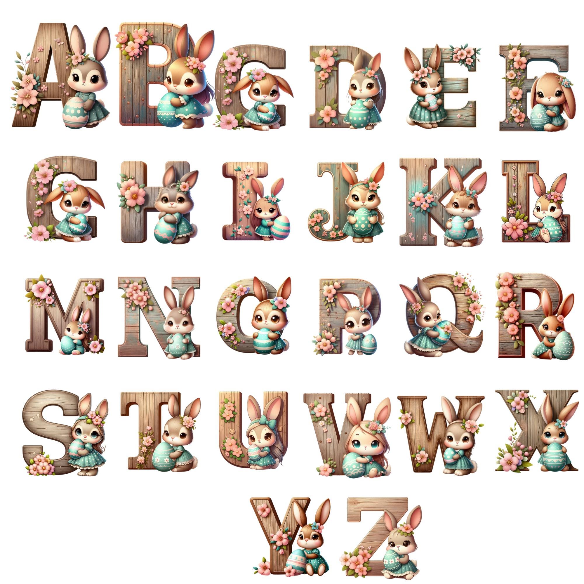 Easter Bunny Alphabet Clipart: Pastel Watercolor Rabbit Letters ...