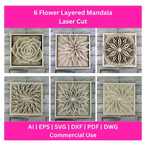 Op de afbeelding: Zes lasergesneden, gelaagde houten mandala's met bloemmotieven. Elk vierkant frame heeft een uniek bloemmotief, waaronder een roos, lotus en abstracte ontwerpen. De tekst "6 Flower Layered Mandala Laser Cut" staat bovenaan.