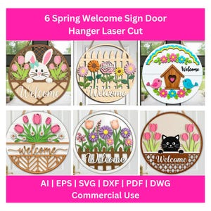 Könnte beinhalten: Sechs Frühlings-Willkommensschilder für Türen, lasergeschnitten. Jedes runde Schild zeigt Designs mit Blumen, einem Hasen, einem Vogelhaus und einer Katze. Die Schilder enthalten das Wort "Welcome" und sind für den kommerziellen Gebrauch geeignet.