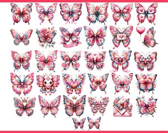 Paquete de imágenes prediseñadas de mariposas, imágenes PNG de mariposas, paquete de imágenes prediseñadas de San Valentín, gráficos de imágenes prediseñadas de naturaleza, descarga digital de arte