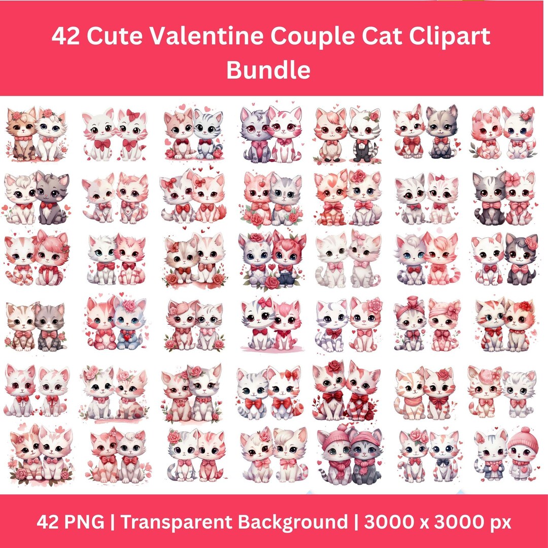 Cute Valentine Cats Clipart Bundle | Chibi Love Cat PNG | Romantic ...