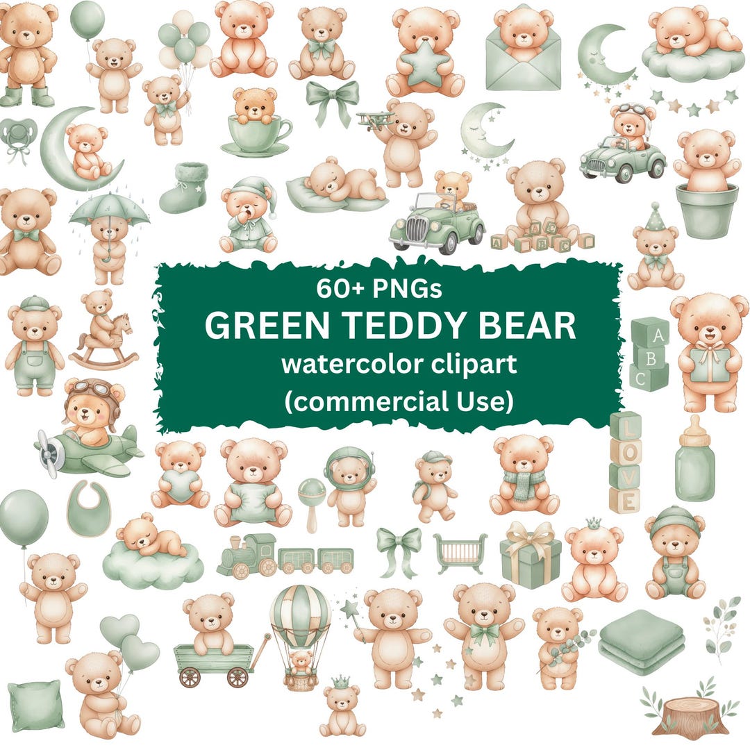 Green Teddy Bear Clipart Bundle - Cute Digital Graphics for Kids Crafts ...