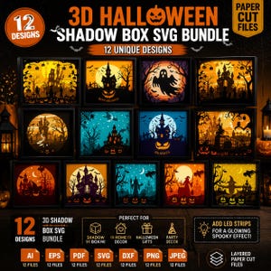 May include: A digital bundle of 12 Halloween shadow box SVG designs featuring layered paper cut files. The collection includes various spooky scenes with haunted houses, ghosts, witches, and pumpkins in orange, blue, and black color palettes.