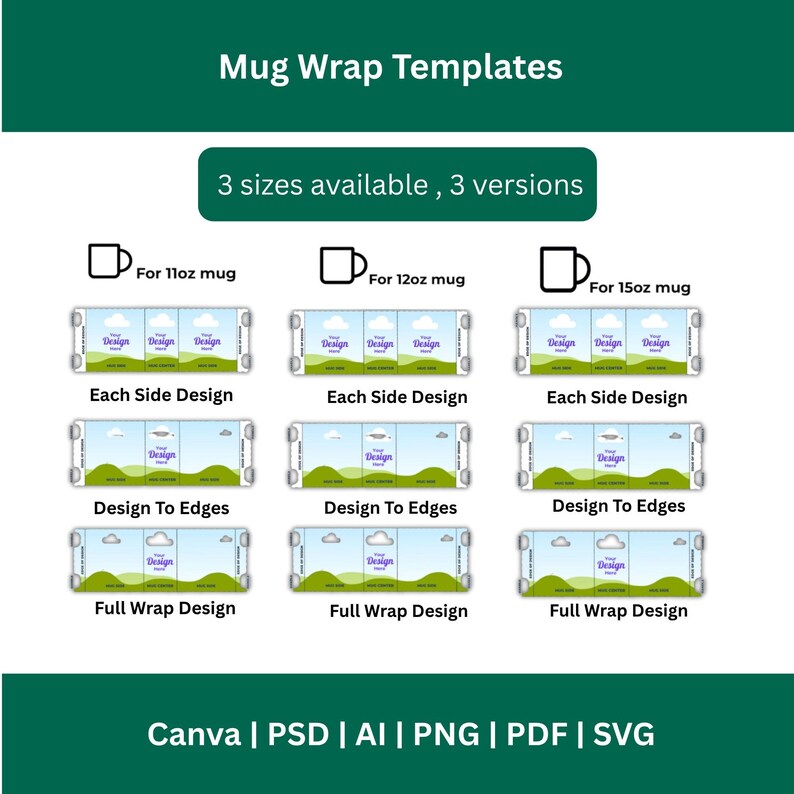 Wrap Design Files 11oz, 12oz, 15oz Mug Template Set, Canva Template, Mug Wrap Template ...