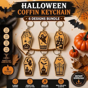 May include: A digital bundle of 6 Halloween coffin keychain designs featuring laser-cut style graphics including a spider web, ghost, haunted house, witch, tombstone, and gate. The text reads HALLOWEEN COFFIN KEYCHAIN 6 DESIGNS BUNDLE.