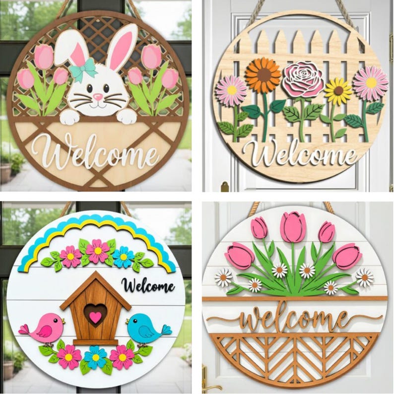 6 Spring Welcome Round Sign SVG Bundle, Floral Farmhouse Door Decor ...