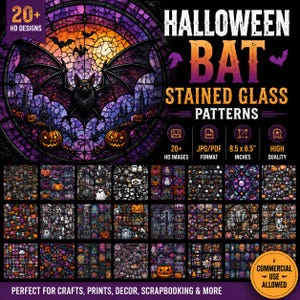 May include: A digital collection of 20+ Halloween bat stained glass patterns featuring a central bat and pumpkin design. The set includes JPG and PDF formats, 21.59 x 21.59 cm dimensions, and high-quality images for commercial use in various crafts.