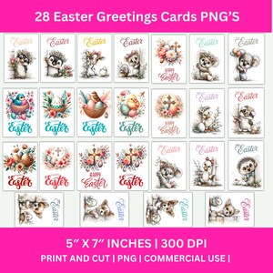 May include: A collection of 28 Easter greeting cards in PNG format. Each card features watercolor illustrations of Easter-themed animals, eggs, and floral arrangements. The cards are 5" x 7" inches in size and suitable for print and cut.