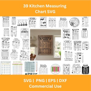 May include: A collection of 39 black and white kitchen measuring chart designs featuring conversion tables, liquid and dry measurements, and cooking temperatures. The graphics include jars, spoons, and text labels for SVG, PNG, EPS, and DXF file formats.