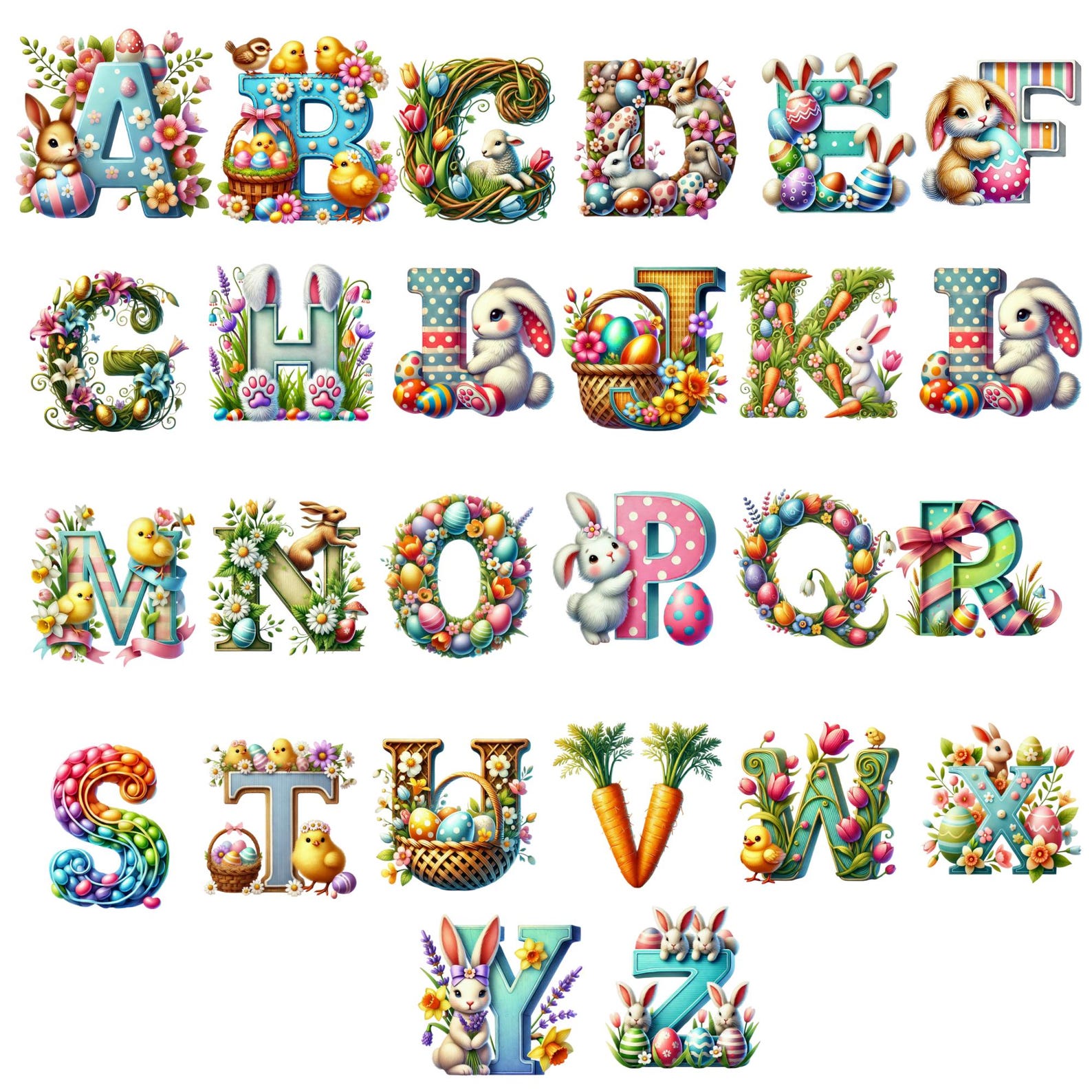 Easter Bunny Alphabet Clipart: Pastel Watercolor Rabbit Letters ...