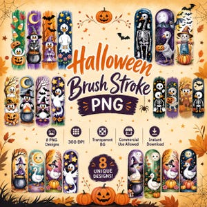 Puede incluir: Una colección digital de diseños PNG Halloween brush stroke con patos disfrazados, esqueletos, calabazas y murciélagos. El texto dice Halloween Brush Stroke PNG, 8 PNG Designs, 300 DPI, Transparent BG, Commercial Use Allowed, Instant Download, 8 UNIQUE DESIGNS.