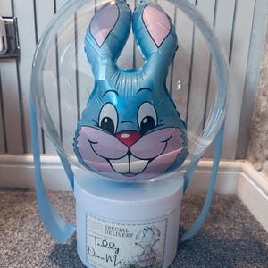 May include: A clear, round balloon containing a blue bunny-shaped balloon, set on a white box. The bunny has pink ears and a red nose. The box features a label with text and a windmill illustration. Blue ribbon is tied to the top.