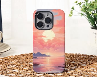 Funda para iPhone con diseño de playa al atardecer, funda rosa con paisaje oceánico, funda protectora estética inspirada en la naturaleza para todos los modelos de iPhone.