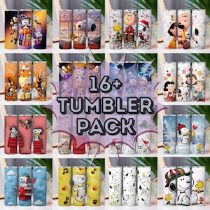 May include: A collection of sixteen or more stainless steel tumblers featuring various designs. The tumblers showcase cartoon characters in Halloween, Christmas, and everyday themes. The text "16+ TUMBLER PACK" is prominently displayed in the center.