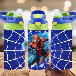 May include: Three water bottles with blue, green, and yellow accents. The bottles feature a Spider-Man design and a blue spiderweb pattern. The bottles have a flip-top lid and a handle for easy carrying. The bottles are made of a durable material.