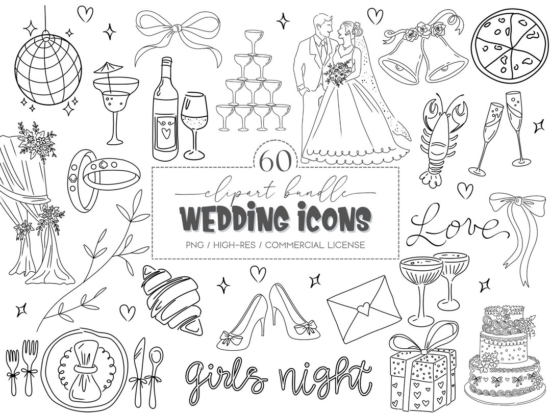 Hand Drawn Wedding Clipart: Line Art Icons & Elegant PNG Elements ...