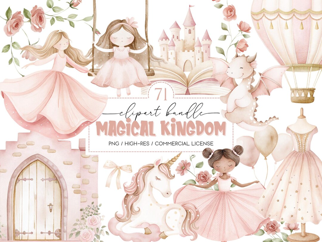 Magical Kingdom Clipart Bundle: Pink Princess Watercolor Set – Digital ...