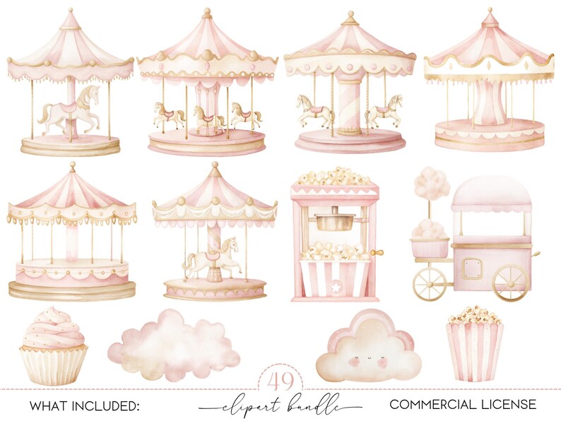 Imágenes prediseñadas de carrusel rosa en acuarela: Paquete PNG de ...