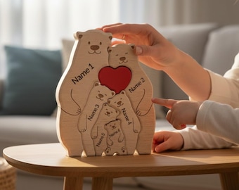Personalized Wooden Bear Family Puzzle, Engraved Family Name Gift, Custom Parents & Baby Puzzle, Family Home Decor, Family Event Gift