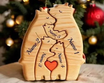 Puzzle de famille en bois gravé personnalisé avec nom d'ours, nom de famille gravé, cadeau pour papa, cadeau pour parents, cadeau pour maman