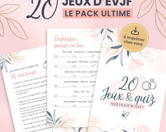 May include: A collection of printable bridal shower games with floral and watercolor accents. The games include quizzes and activities with titles like "Embrace, Marry, or Kill" and "20 Games & Quiz for a Bachelorette Party!"