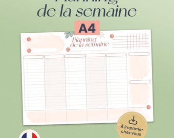 May include: A4-sized weekly planner with the text "Planning de la semaine" in a stylish font. The planner features a grid layout for daily scheduling, with soft peach watercolor accents and a download icon.