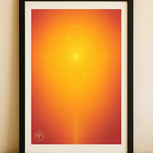 Puede incluir: Lámina artística enmarcada con un degradado naranja y amarillo. Un diseño geométrico dorado está centrado, con un patrón radiante. La obra de arte está en un marco negro, ideal para la decoración de paredes. Mide aprox. 50 x 70 cm.