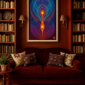 May include: A framed abstract art print with a gold frame hangs above a red velvet sofa. The artwork features a symmetrical design with blue, purple, and orange hues. Decorative pillows and a patterned rug complement the room's decor.