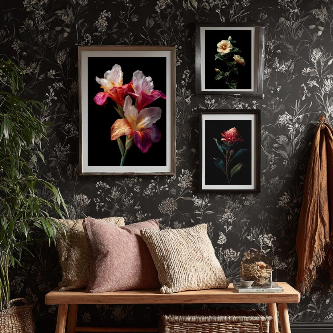 Moody Botanical Wall Art Set of 3 – Dark Floral Prints, Elegant Flower ...