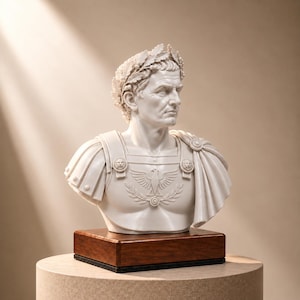 May include: A white bust of a Roman figure wearing a laurel wreath and armour with an eagle emblem on the chest. The sculpture is mounted on a rectangular wooden base, featuring detailed facial features and draped fabric over the left shoulder.