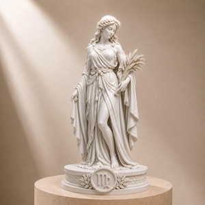 Può includere: Una statua bianca di una figura che indossa una veste drappeggiata e una corona di fiori, che tiene in mano un fascio di grano. La figura poggia su una base circolare con il segno zodiacale della Vergine, raffigurato come una M stilizzata.