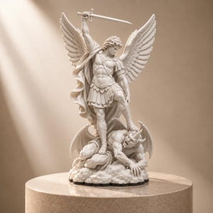 Staty av Sankt Mikael som besegrar Lucifer — Skulptur av ärkeängeln Mikael | PLA med marmoreffekt | Träbas ingår | Katolsk helig konst