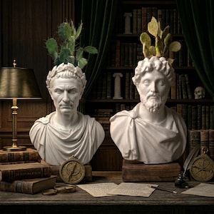 Può includere: Due busti in marmo bianco di figure romane, ognuno con un cactus che cresce dalla testa. I busti sono su una scrivania di legno con libri, una bussola e una lampada. Lo sfondo presenta una libreria e tende verde scuro.
