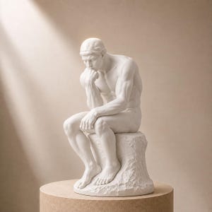 Może przedstawiać: Biała, matowa ceramiczna rzeźba przedstawiająca siedzącą postać w zamyślonej pozie, z podbródkiem opartym na dłoni. Postać ma wyraźnie zarysowane mięśnie i siedzi na teksturowanej podstawie przypominającej skałę.
