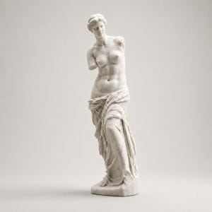 May include: A white marble-toned statue of a figure with a missing left arm and a partially missing right arm. The figure has a draped cloth covering the lower body, a defined torso, and hair styled in an updo, standing on a small base.