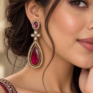 Vintage Ruby Earrings, Antique Clover Statement Jewelry, Wine Teardrop Dangles