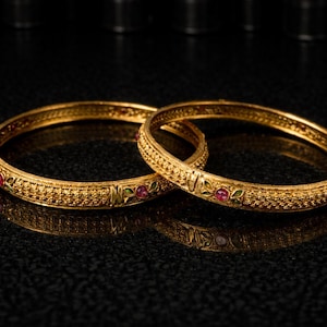 Antique Matte Bangles, Ruby Flower Bracelet, Brass Statement Jewelry- Size 2.10