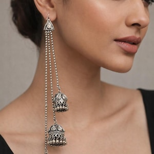 Oxidized Silver Triple Jhumka Earrings, Antique Tribal Tiered Tassels, Statement Jewelry